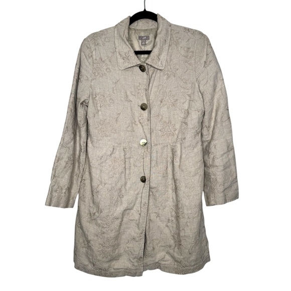 J. Jill linen women's M trench coat tan embroidered floral patterns lagenlook - Picture 1 of 9